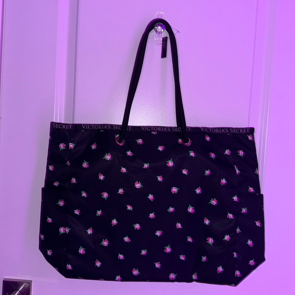 Victoria’s Secret Reversible Tote Rose Flower / Classic Stripes Pattern Tote Bag - Picture 2 of 5